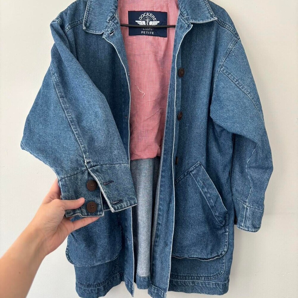 80s Vintag Dockers Levis Light wash Denim Chore Coat Midi Barn Gingham Jacket XL